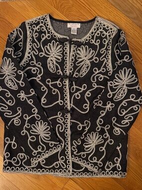 Victor Costa Black Jacket with Cream Embroidered Floral Scrolls